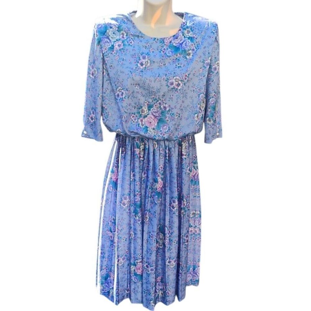 Vintage 80s MCS Ltd Floral Midi Dress Size 6P Grandmacore Cottage Coquette Party